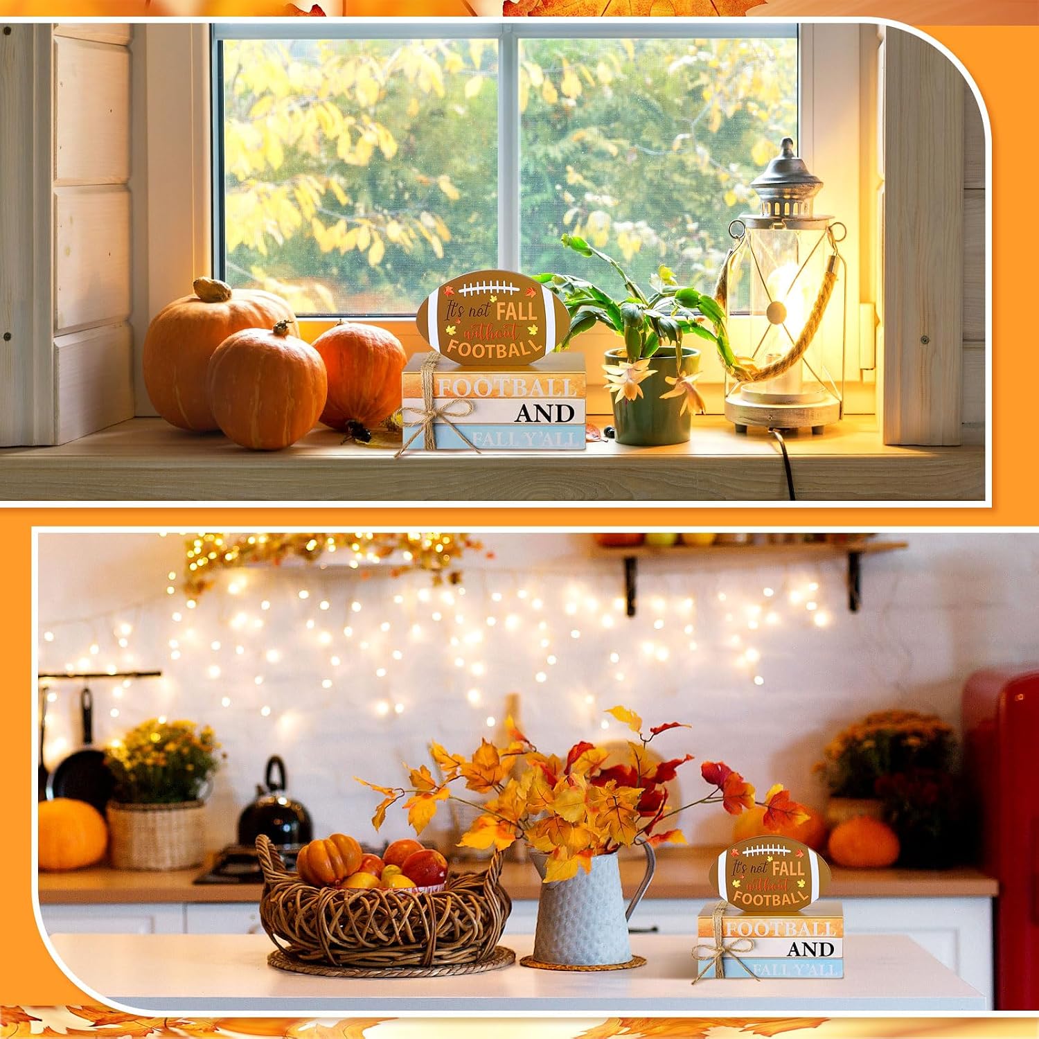 Geetery Fall Thanksgiving Football Rustic Table Tiered Tray Decor for Farmhouse Home Shelf Football Theme Stacked Books Wooden Sign Thanksgiving Party Tabletop Centerpiece Decor for Autumn Harvest