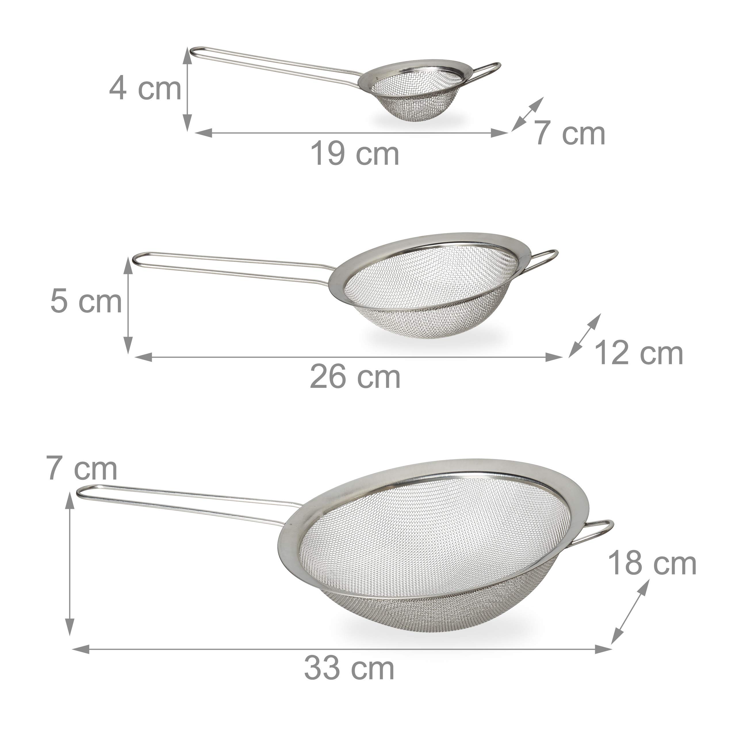 Zestaw sit kuchennych Relaxdays 3 szt., ∅ 7, 12 i 18 cm, z uchwytem, do mąki, cukru pudru, owoców, stal nierdzewna