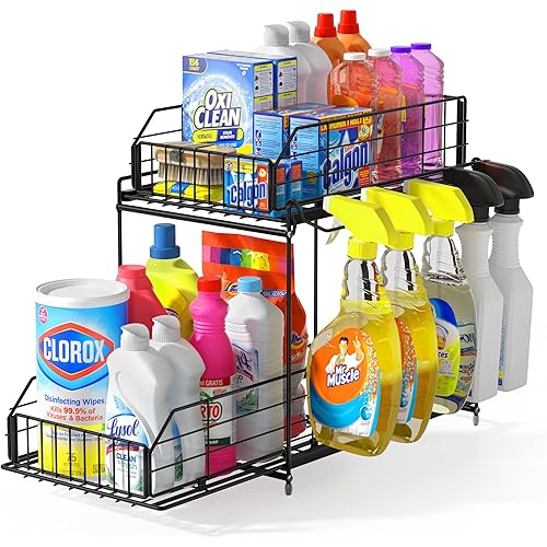 SUEH DESIGN Under Sink Organizer, 2 Tier Bathroom Cabinet Organizer Metal Kitchen Sink Organzier with Hanging Rail for Kitchen Bathroom Organization and Storage