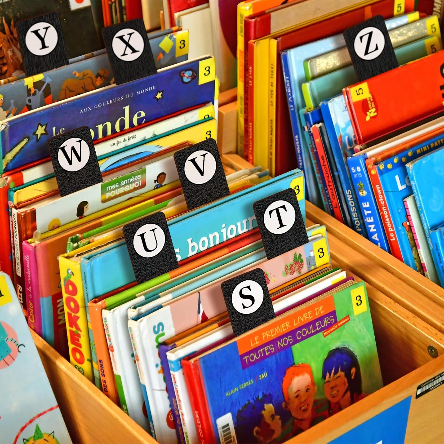 26 Pcs Library Alphabet Book Dividers Wooden Vinyl Record Organizer Separators 26 Alphabetical A-z Dividers Bookshelf Markers for Shelves Cds, Albums, Books (Black)