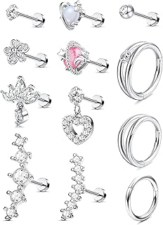 Helix Piercing Earring Stainless Steel,CZ Flower Cartilage Tragus Conch Helix Piercing Earrings for Women Girls,Clicker Piercing Rings Studs Ear Jewellery Piercing Set Silver