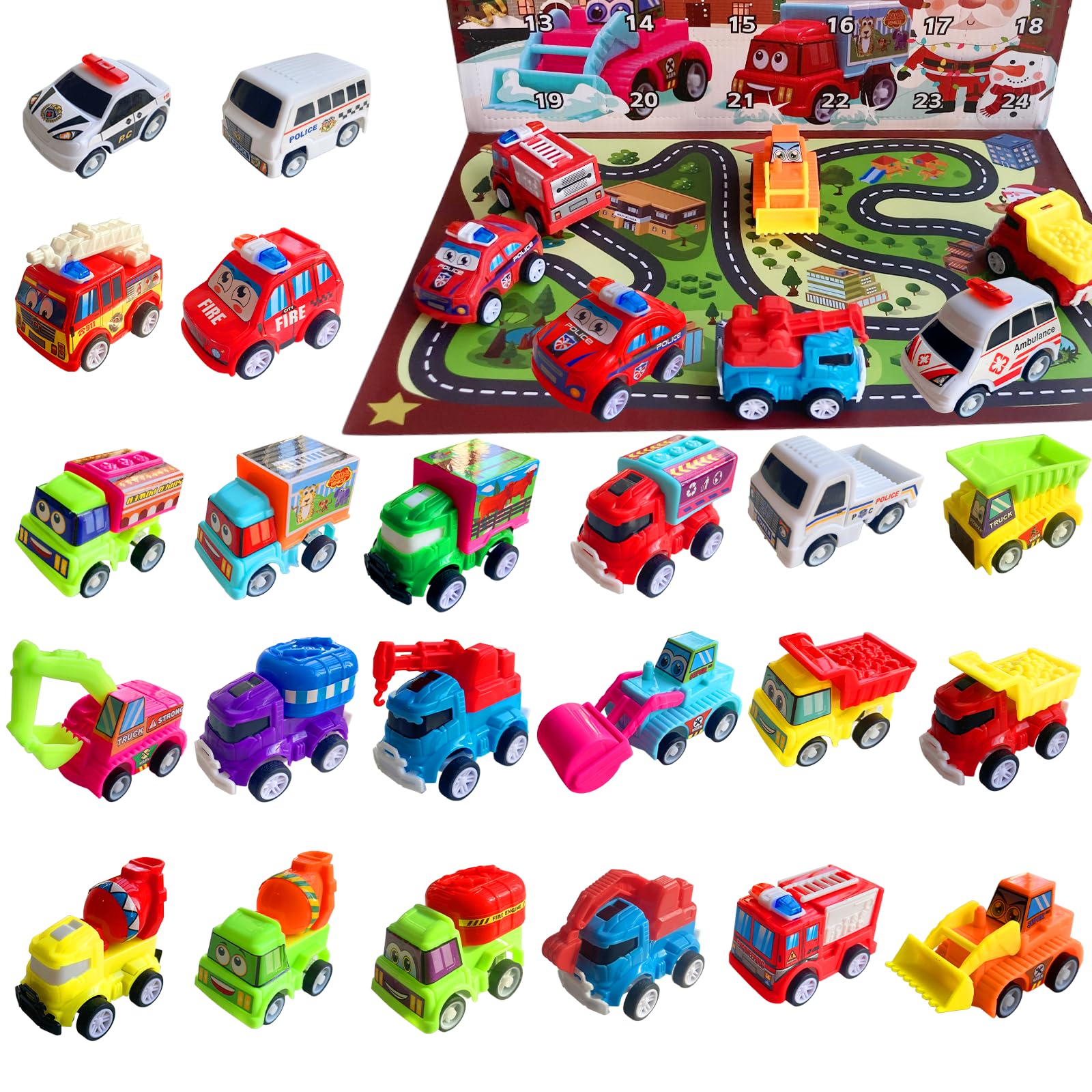 Coches para Niños, 24 pcs juego de regalo para coche, Coche de Carreras, Camiones de Juguete para Niños con Tapete de Juego, Juguetes 3 4 5 6 7 8 Años, Navidad Cumpleaños Fiesta Regalos
