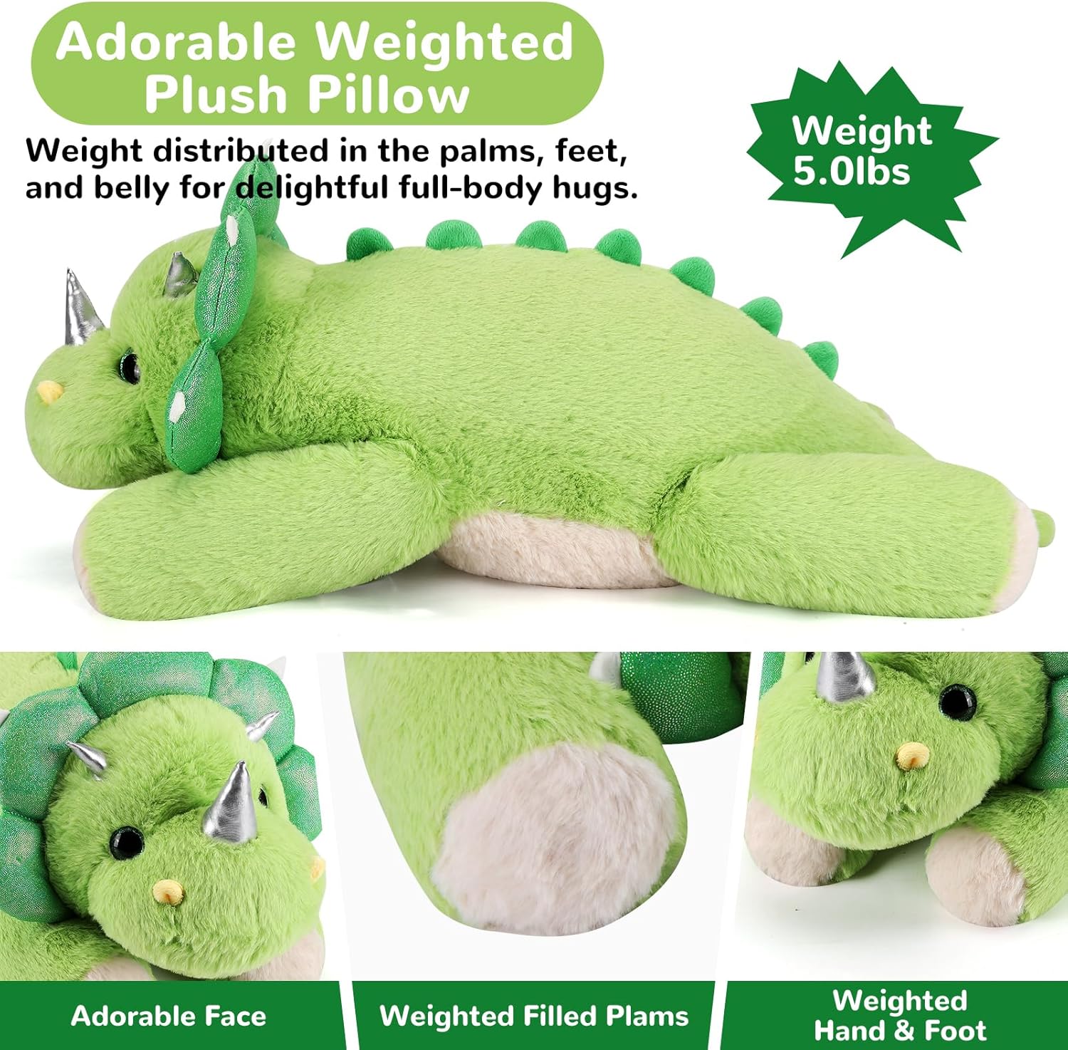gnomantic Triceratops Weighted Stuffed Animals - 28 Inch 5.0 Pounds Weighted Plushies Dinosaur Stuffed Animal - Large Dino Plush Pillow - Cute Plush Toy Gifts for Kids & Adults (28" 5.0 lbs)