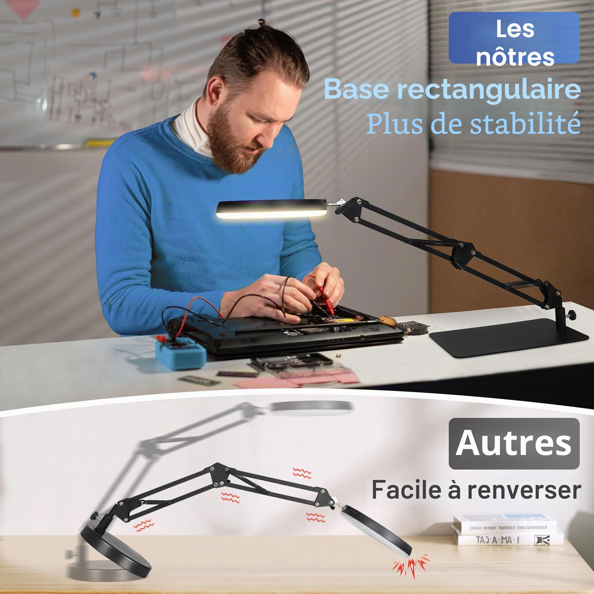 RealPlus 10X Lampe Loupe 2 en 1, Base & Pince, 5 Couleurs & 10 Luminosités