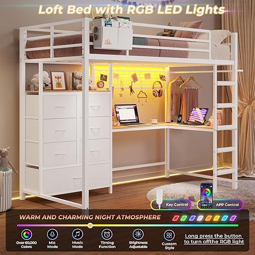 Miniatura 4 de DICTAC Cama tipo loft de tamaño individual con escritorio en forma de L y 7 cajones de almacenamiento, cama alta de metal para niños con luces LED y