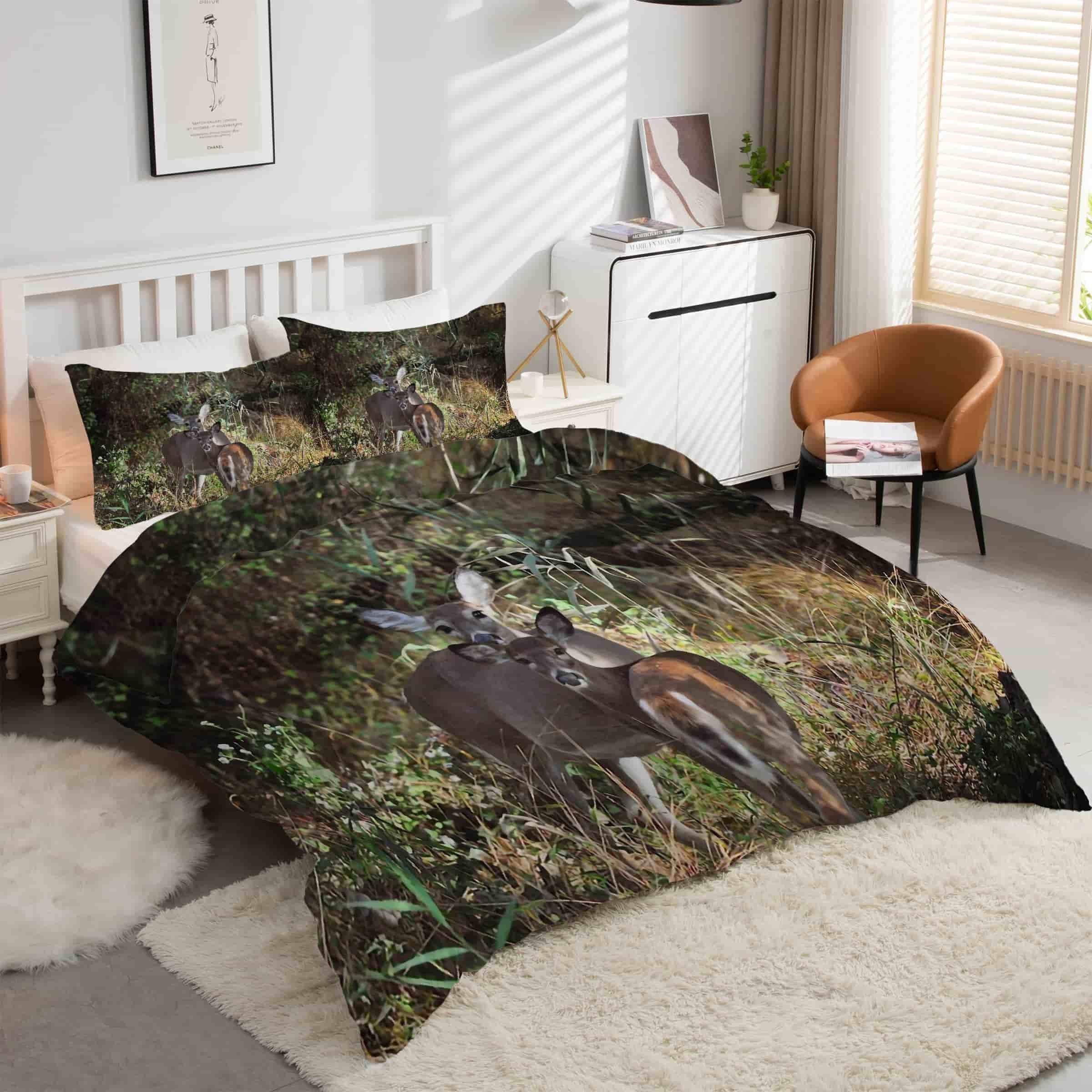 Parure de lit 90x190 cerf blanche avec housse de couette et taies d'oreiller