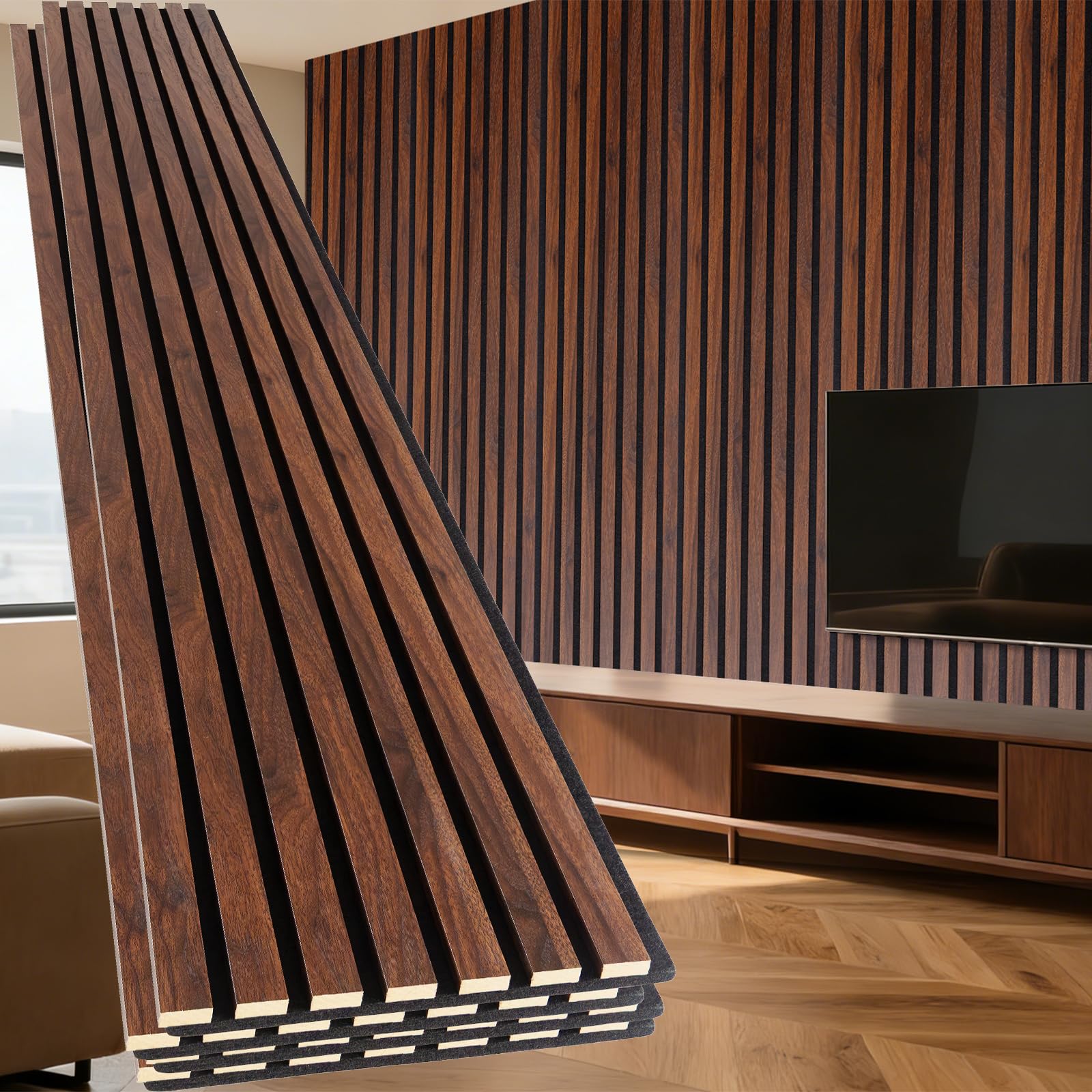 Photo 1 of Yuzzy 4 Pack Wood Panels for Wall, 94.5" x 11" Acoustic Wood Slat Wall Panel for Interior Wall Decor & Noise Reduction, Soundproof Panel & Sound Absorbing Panels - Teak