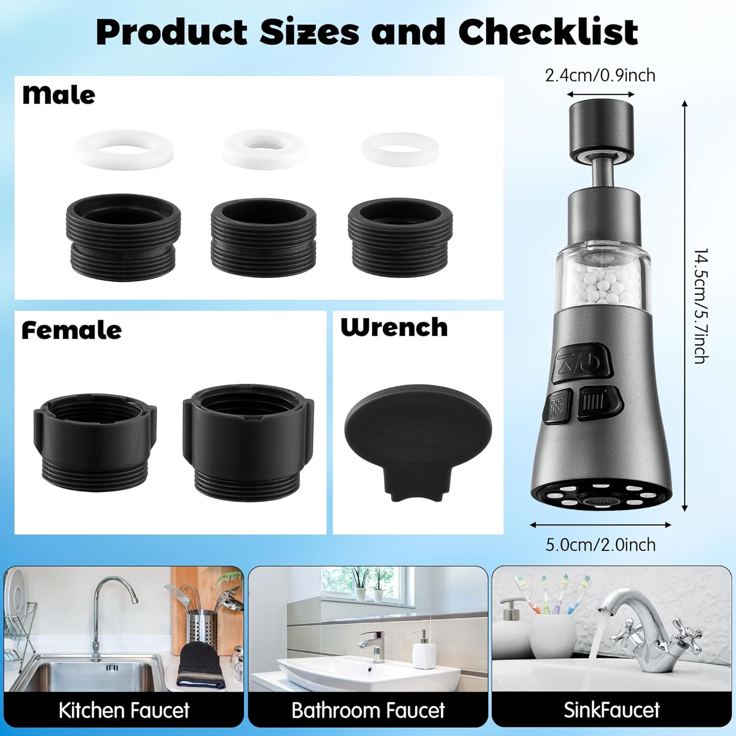 Sink Water Filter Faucet - 360° Rotating Faucet Filter Set with 9 Accessories, 3 Mode Sprayer Extender Purifier Remove Heavy Metal Hard Water for Home Toilets Kitchen Bathroom (Grey)