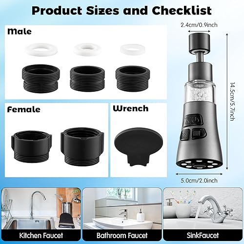 Miniatura 2 de Grifo de filtro de agua para fregadero, juego de filtro giratorio de 360 con 9 accesorios, extensor de rociador de 3 modos, purificador para
