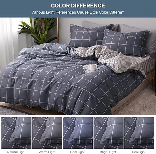 Miniatura 6 de SAPHREAS Juego de funda de edredón de algodón, tamaño Queen, a cuadros color gris oscuro, geométrico, 3 piezas, 1 funda de edredón y 2 fundas de
