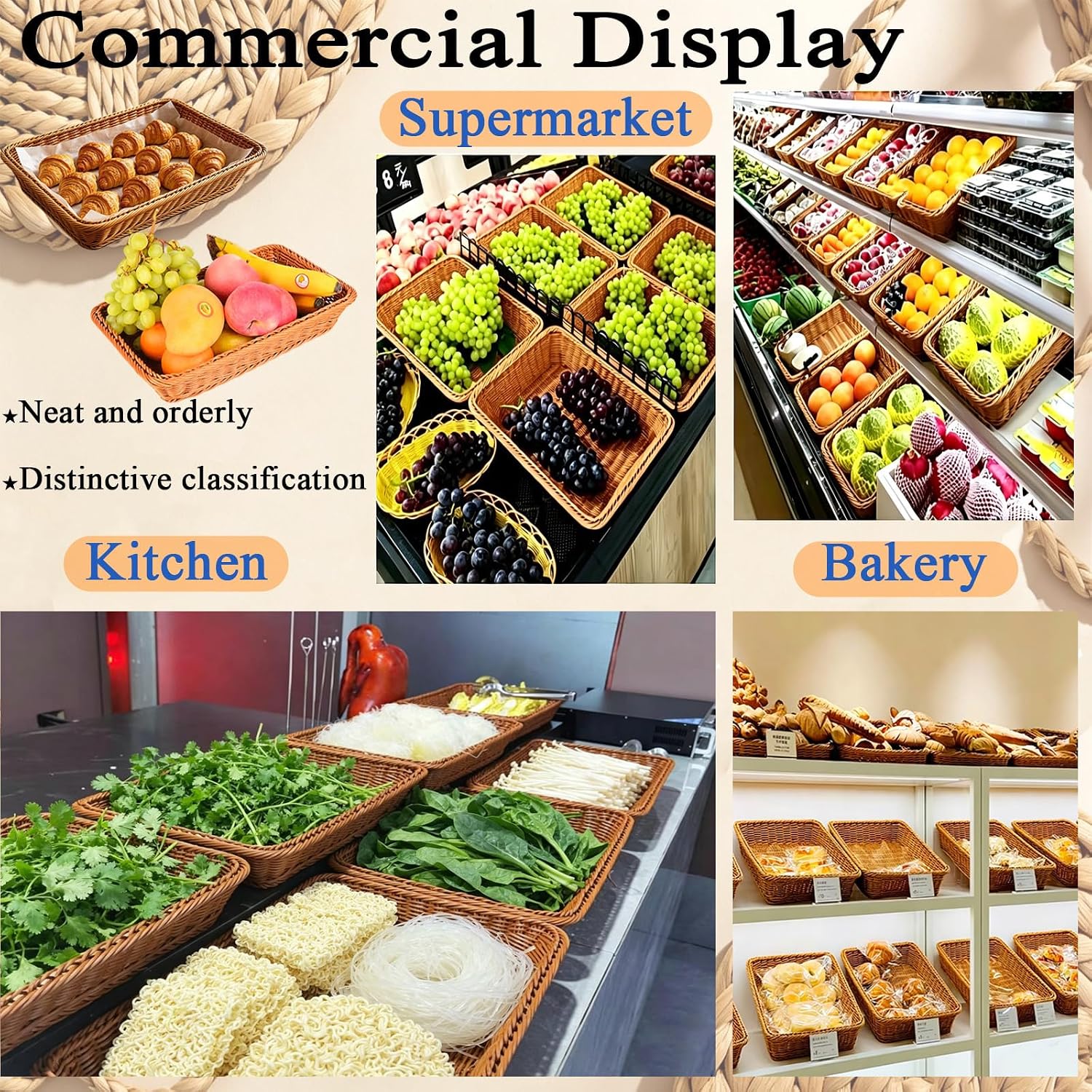 15.7"Rectangular Wicker Bread Basket/Display Basket/Rattan Serving Tray | Includes reusable silicone liner for holding food, fruit, veggies, snacks;great for kitchen/dining/home decor;gift basket