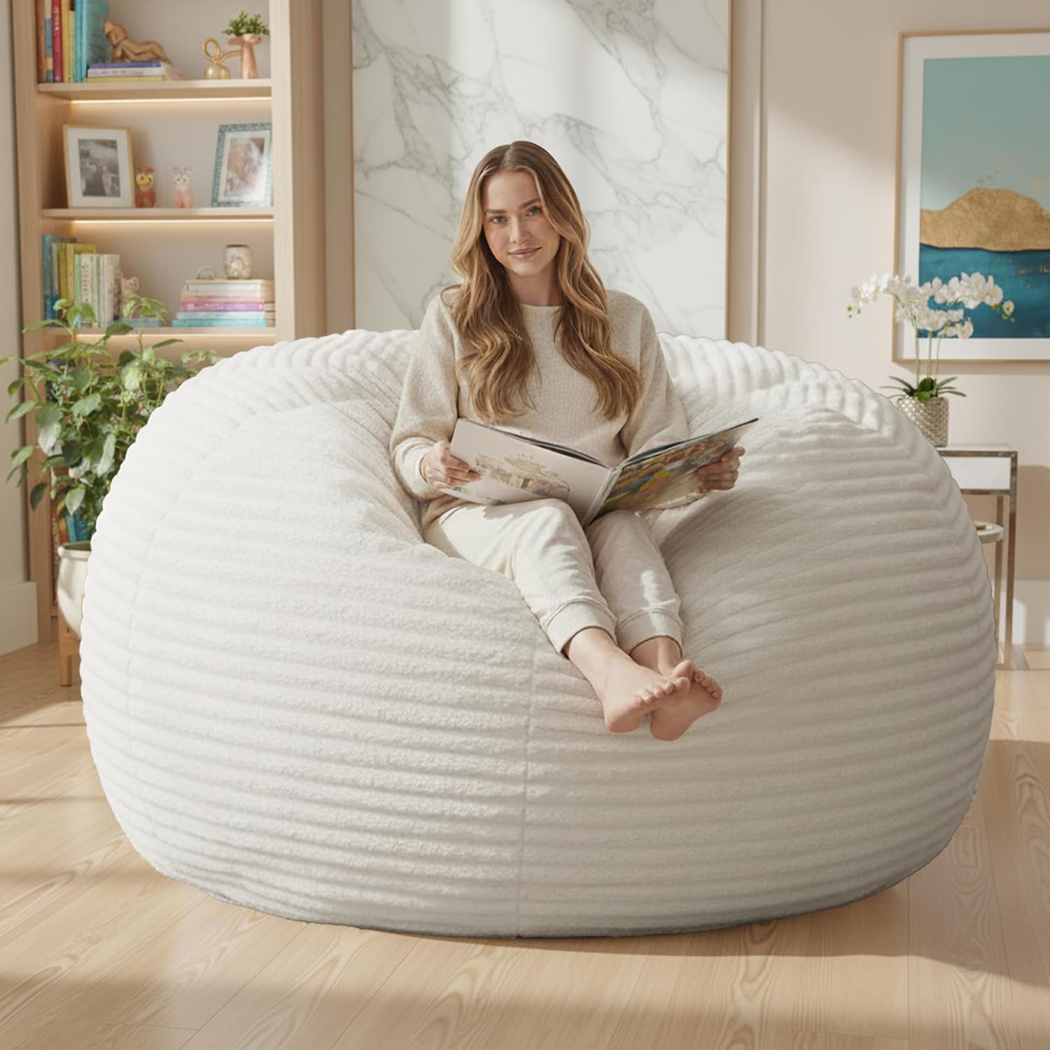 Bean Bag Chairs for Adults 5FT Large Bean Bag Chair Adult Bean Bags with Fluffy Removable Cover Giant Beanbag Chair with Filler Included Memory Foam Cozy Reading Chairs for Living Room Bedroom Dorm