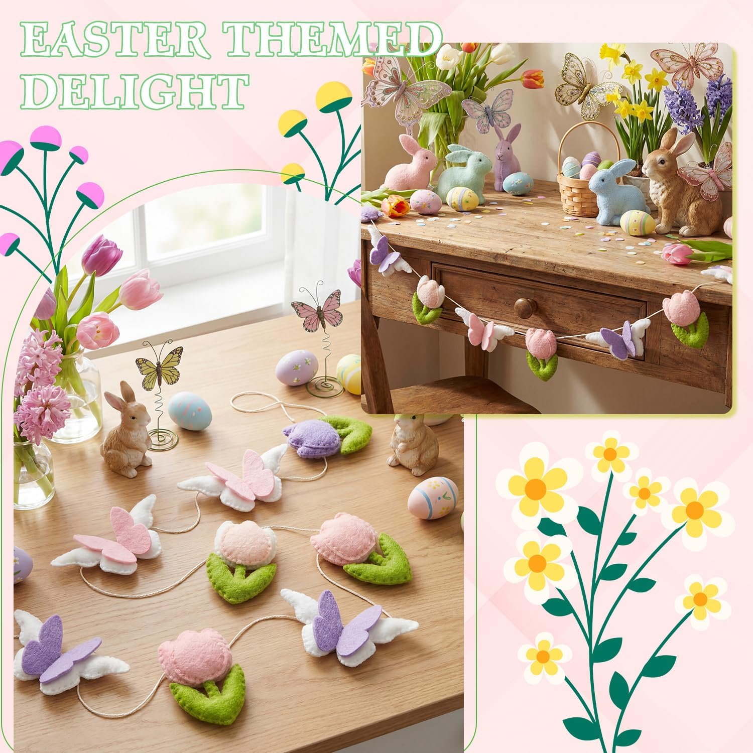 SmoothNovelty Spring Felt Garland Easter Decorations for Home 4.9 ft Felt Tulip Flower Butterfly Garland Handmade Hanging Banner for Mantel Easter Spring Floral Baby Shower Birthday Party Wall Decor
