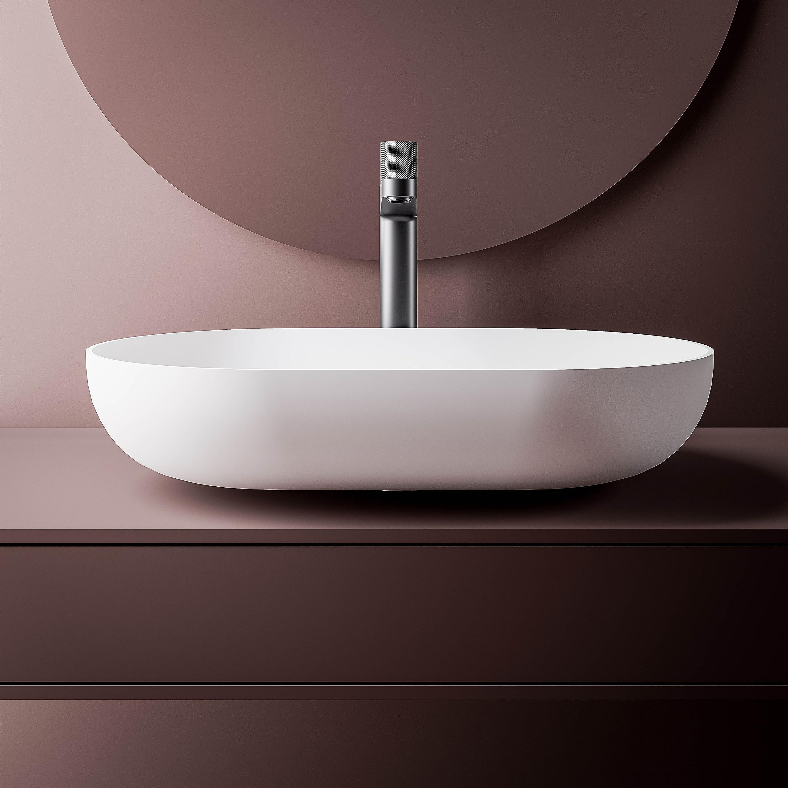 BERNSTEIN Aufsatzwaschbecken O-540 aus Mineralguss Solid Stone – Weiß matt, 54 x 34 x 10,5 cm – Waschbecken – Inkl. Pop-up-Ablaufventil – Waschtisch, Möbelwaschbecken, Handwaschbecken mit Blende