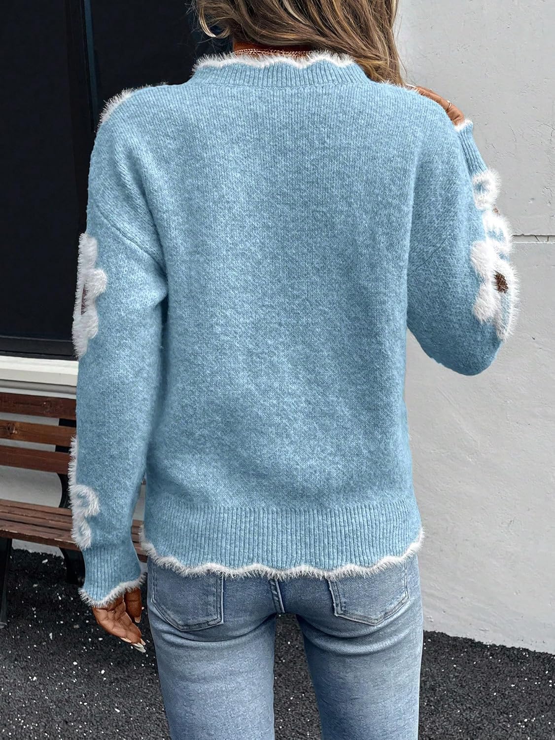 Women's Pullover V Neck Sweater Floral Knitted Long Sleeve Cute Trendy Cozy Sweaters for Winter - Image 3