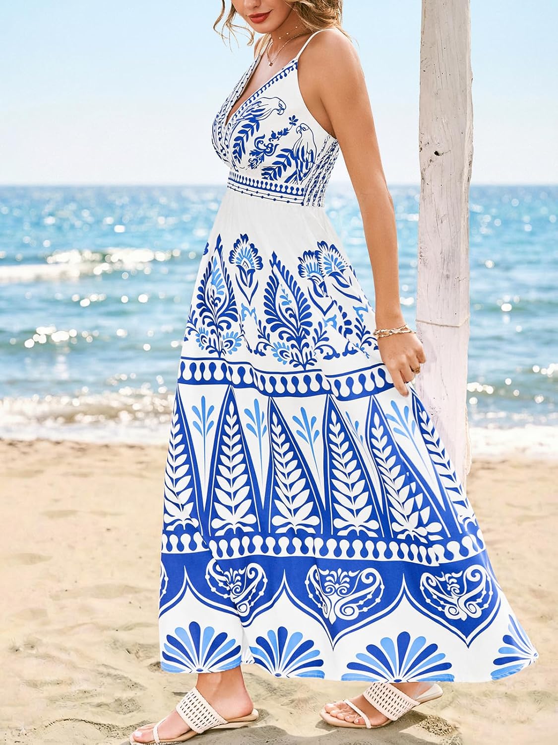 CUPSHE Women's Summer Dresses Casual Spring V Neck Sleeveless Floral Beach Vacation Long Spaghetti Strap Flowy Maxi Dress - Image 6