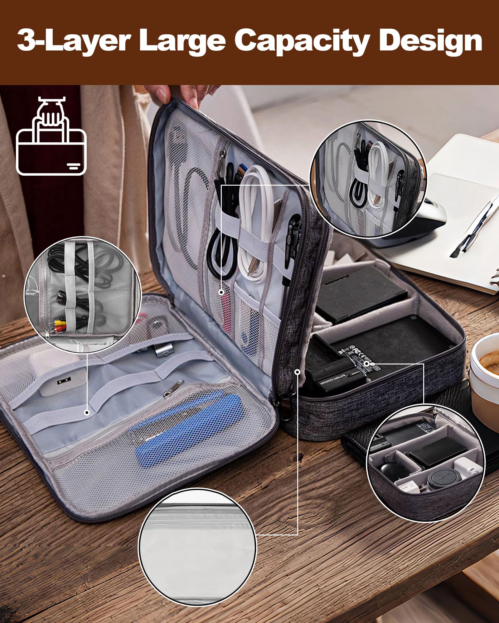 Organizer, torba na kabel, torba na podróż i do domu, 3-warstwowe etui elektroniczne o dużej pojemności, wodoszczelne i odporne na uderzenia, idealne na kable, iPada, ładowarkę, telefon komórkowy