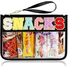 Snack Bag for Travel - Clear Chenille Varsity Letter Flat Pouch with Zipper, 12.28.46 inch Waterproof Clear Nylon Preppy Patch Makeup Cosmetic tote Bags for Women Girls