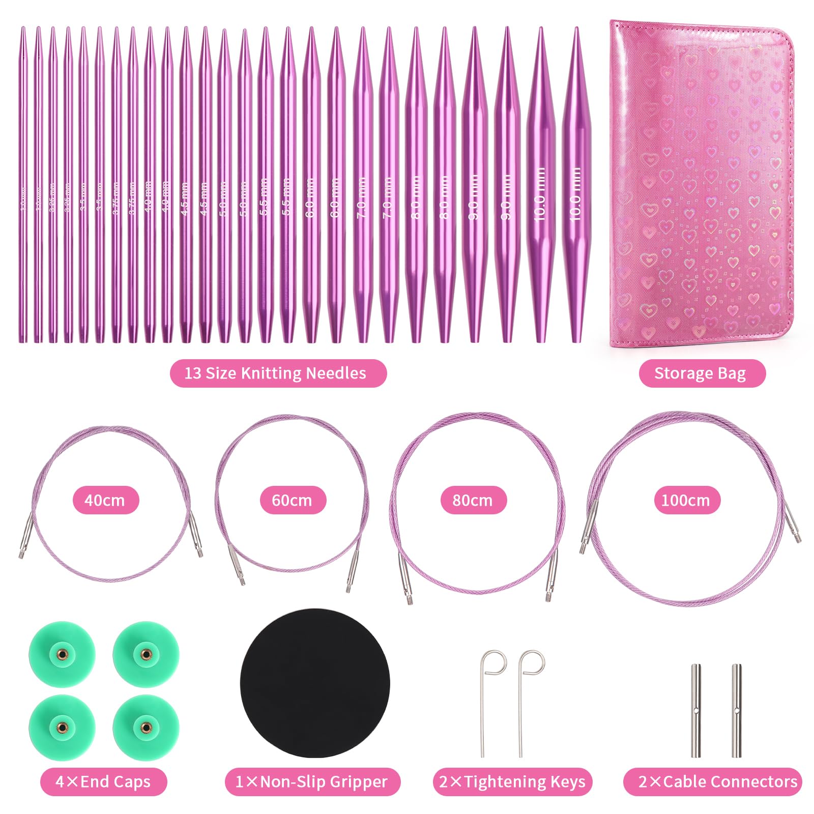 Reessy Stricknadeln, Austauschbare Rundstricknadeln Set mit Etui & Zubehör, 13 Paar Rundstricknadeln 3,0 mm-10,0 mm, Rundstricknadeln für Anfänger Erwachsene