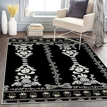 モダンオクタゴンデザインラグ　カーペット　絨毯　ブラック　黒色 Amazon | ミニ小さいラグマット おしゃれ 黒のボヘミアン柄