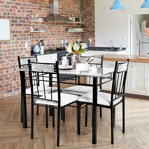 Miniatura 2 de COSTWAY Juego de comedor de cocina de 5 piezas, juego de mesa de comedor de mármol con cojín de esponja y estructura metálica, juego de mesa de