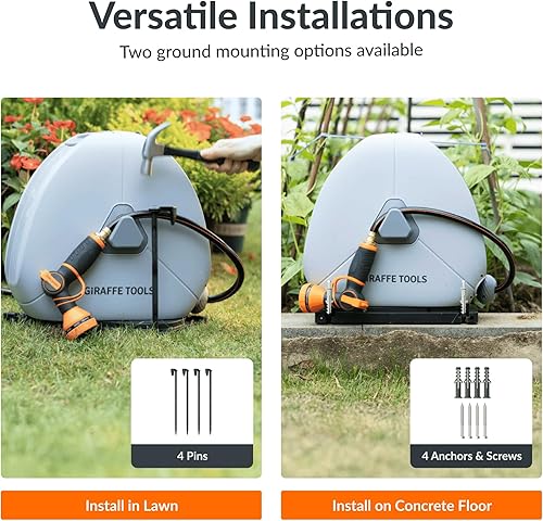 Miniatura 6 de Giraffe Tools Carrete de manguera retráctil montado en el suelo, 12 pulgada x 82 pies, carrete de manguera de jardín de rebobinado automático