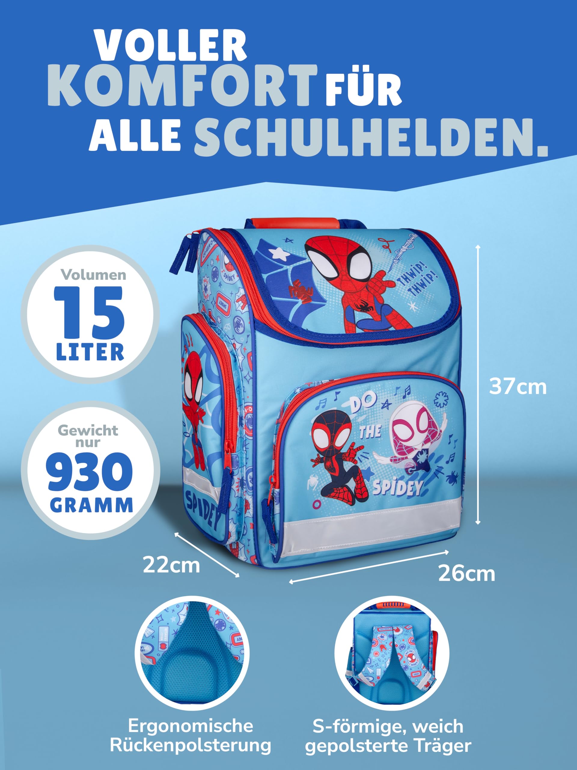 Familando - Schulranzen-Set für Spiderman Fans - Spidey & Friends - 6-teilig mit Sporttasche - Ergonomisch, stabil & mit gepolstertem Rücken - 930g leicht - 15L Volumen - Für Grundschule ab 1. Klasse