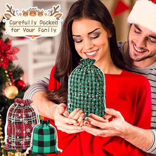Miniatura 5 de Shappy 18 bolsas de Navidad a cuadros con cordón, bolsas de regalo de tela de Navidad, bolsas lavables de Navidad, bolsas de almacenamiento para