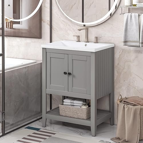Miniatura 9 de Conjunto de tocador de baño moderno y elegante de 24 pulgadas con lavabo, armario de almacenamiento de baño con puertas y estante abierto, juego de