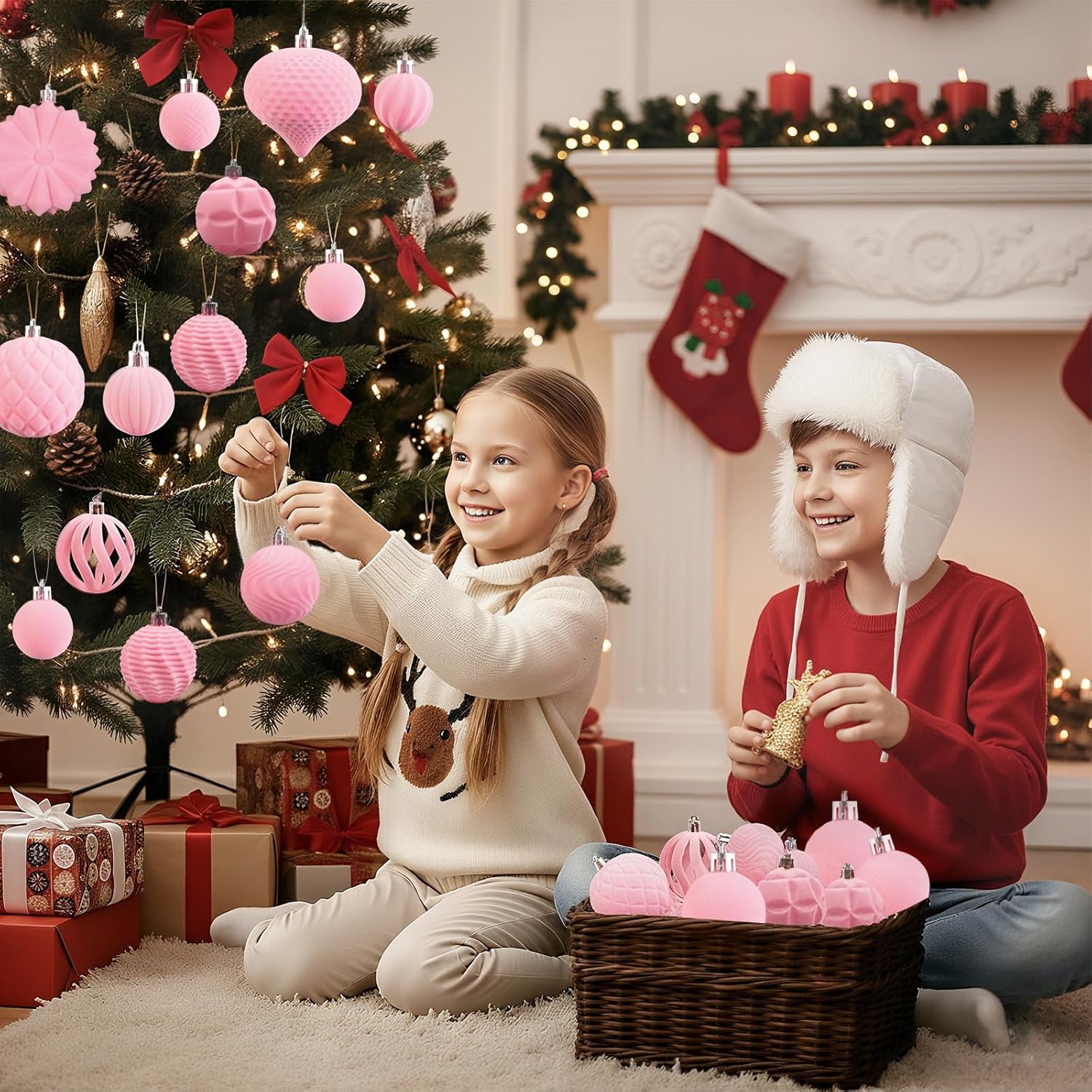 48 Pcs Velvet Christmas Ball Ornaments,Flocked Christmas Tree Decorations,Xmas Tree Decor,Hanging Balls Ornaments with Loop,Decoration for Xmas,Holiday,Wedding,Home Decor,Multi-Shape (Pink) - Image 4