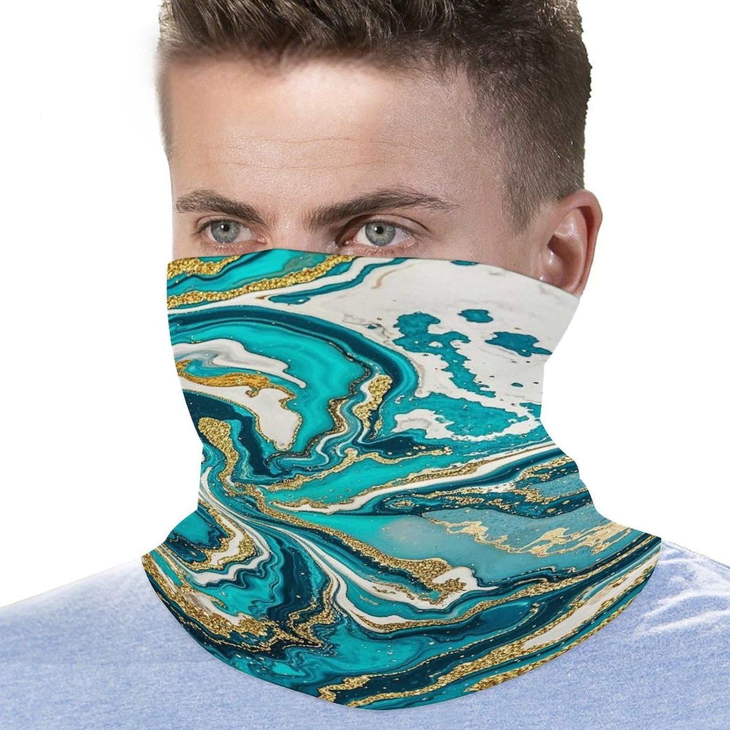 Turquoise Blue Gold Marble Neck Gaiter Face Cover Scarf Multipurpose Sunscreen Breathable Bandana Head Scarfs Soft Sun & Wind-proof Face Mask Gator Scarf for Adult Outdoor