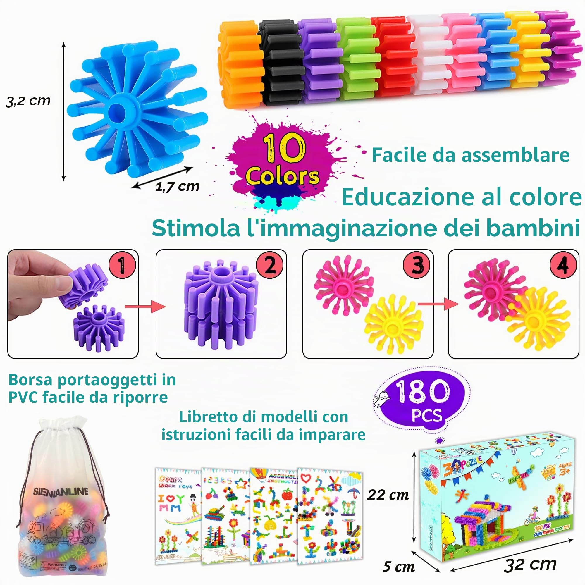SIENIANLINE Gears Interlocking Learning - Set di Costruzioni per Principianti Gears, Set di Giocattoli da Costruzione Giocattoli da 180 pezzi - 10 colore