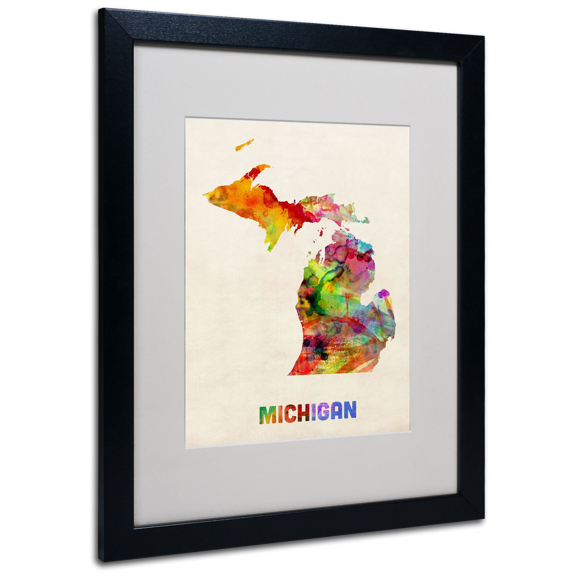 Trademark Fine Art Michigan Map Matted Framed Art by Michael Tompsett in Black Frame, 16 by 20-Inch