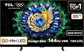 TCL PREMIUM 4K QD-Mini LED TV 85" A400M Google TV, 144 Hz VRR, Tela HVA, Processador AIPQ Pro.