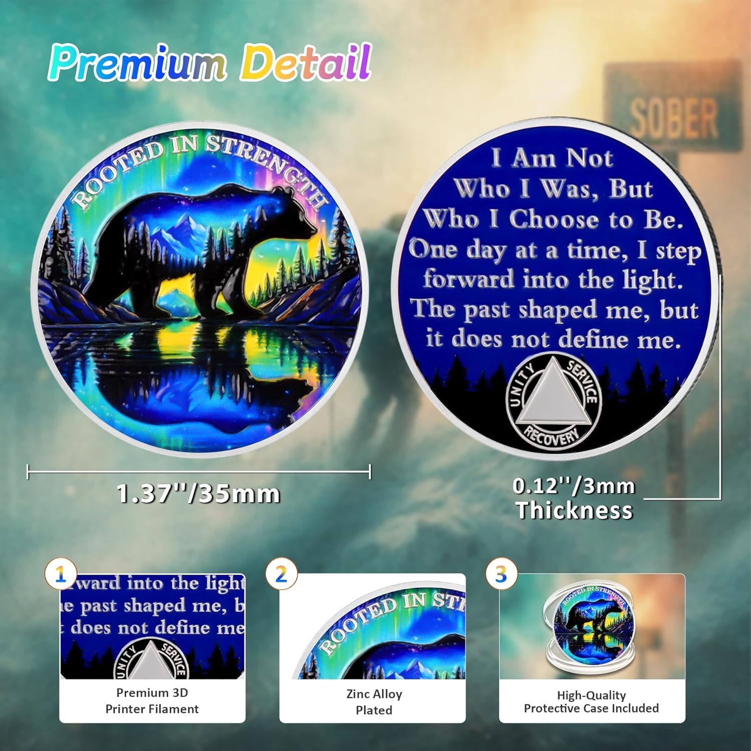 Aurora Polar Bear Sobriety Coin - Rooted in Strength Mountain AA Coins - Addiction Recovery NA AA Chips and Medallions - 1-10 Prime Living Clean Narcotics Alcoholics Anonymous Gifts for Men Women