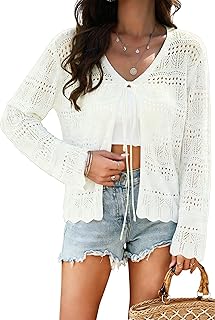 Allimy Women's 2026 Chic Crochet Cardigan Sweaters Tie Front Tops Shrug for Dresses