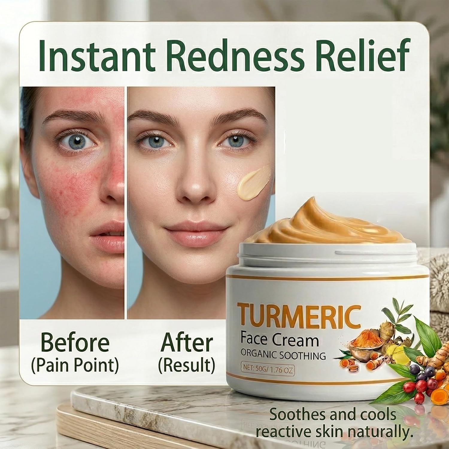 Turmeric Face Cream – Lightweight Daily Moisturizer with Turmeric Extract, Hydrating Cream for Smoother-Looking, Refreshed Skin – 50g (2pcs)