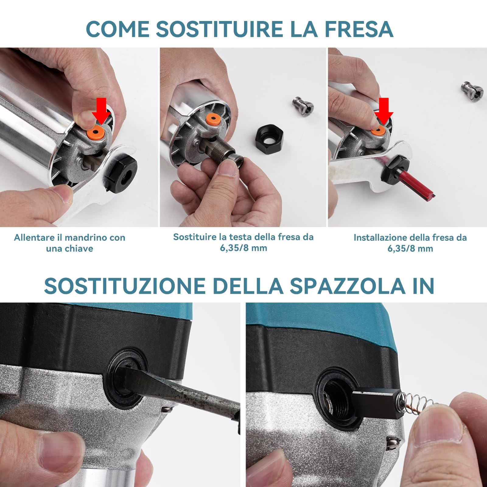 Rifilatore Fresatrice Verticale per Legno Elettrica 800W 6 Velocità Variabili 5000-30000 RPM Mandrino 6,35 mm 8 mm