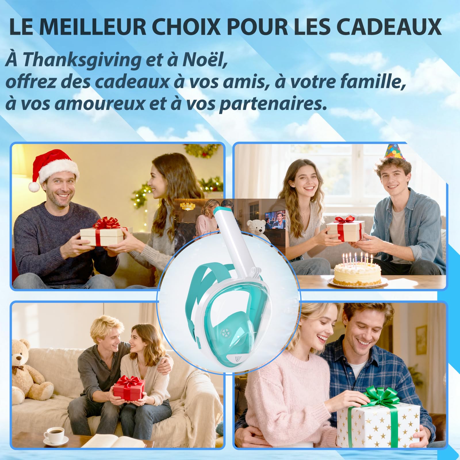Vitare Masque de Plongée Intégral pour Adulte et Enfant, Masque Tuba avec Système Respiratoire Avancé et Technologie Antibuée, Masque Snorkeling Piscine avec Support de Caméra