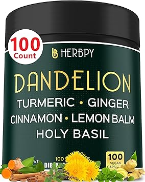 Herbpy Dandelion Root Supplement 7500mg 6in1 for Digestion, Heart Health & Immune - Blended with Ginger, Turmeric Curcumin, Ceylon Cinnamon, Lemon Balm & Holy Basil - 100 Dandelion Capsules