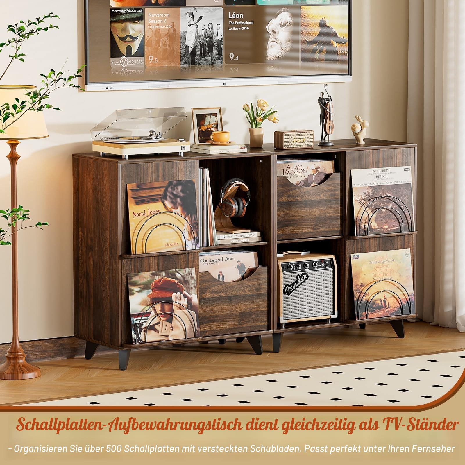 Bikoney Schallplatten Aufbewahrung mit Vinyl Display und 2 Schubladen – Holz Schallplattenständer Tisch und TV Schrank für Alle Plattenspieler und Lautsprecher, Plattenspieler Regal für Wohnzimmer