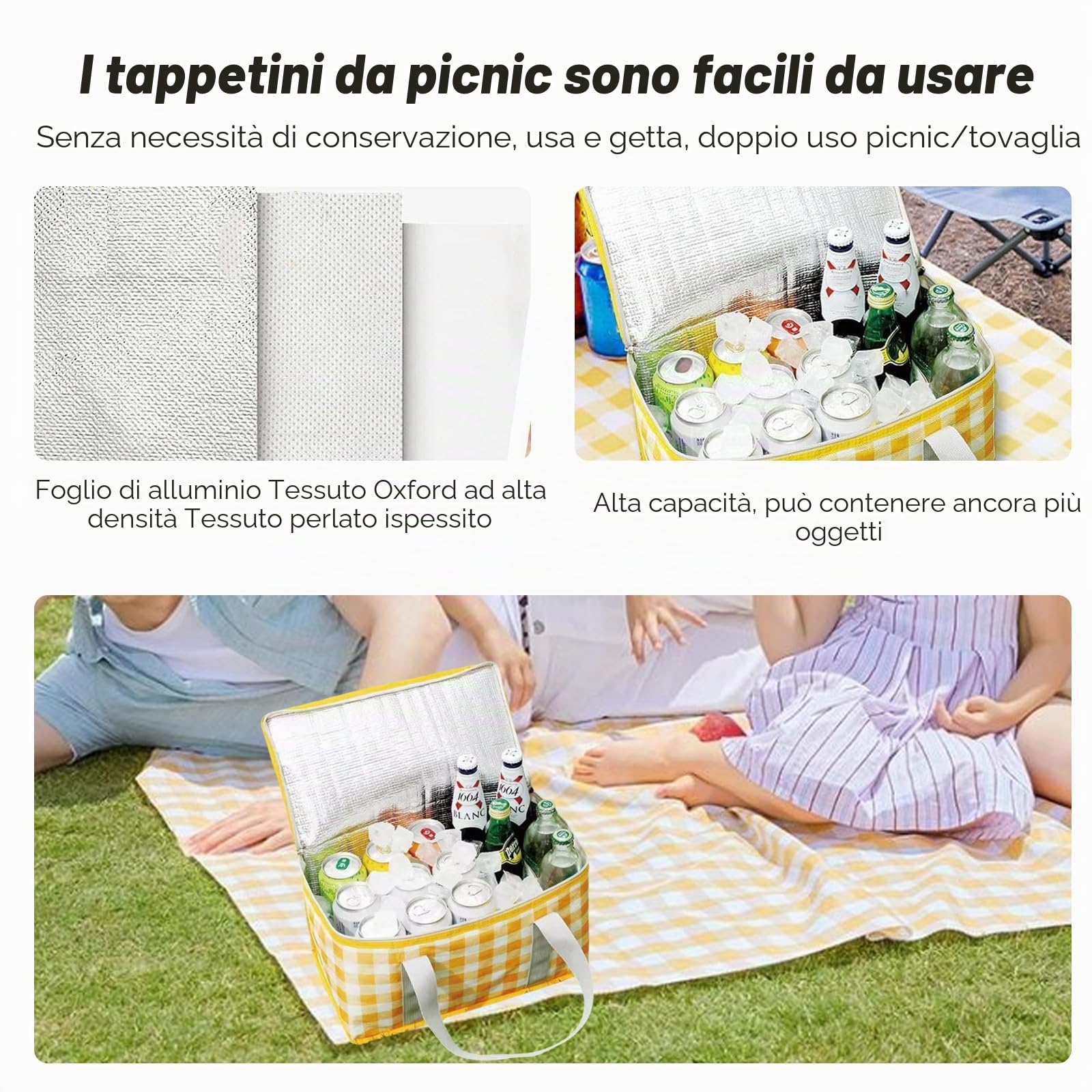 Cestini da picnic isolati, 35 x 20 x 20 cm, borsa termica da picnic da 15 l, con coperta da picnic da 150 x 200 cm, borse da spiaggia portatili impermeabili per attività all'aperto calde o fredde