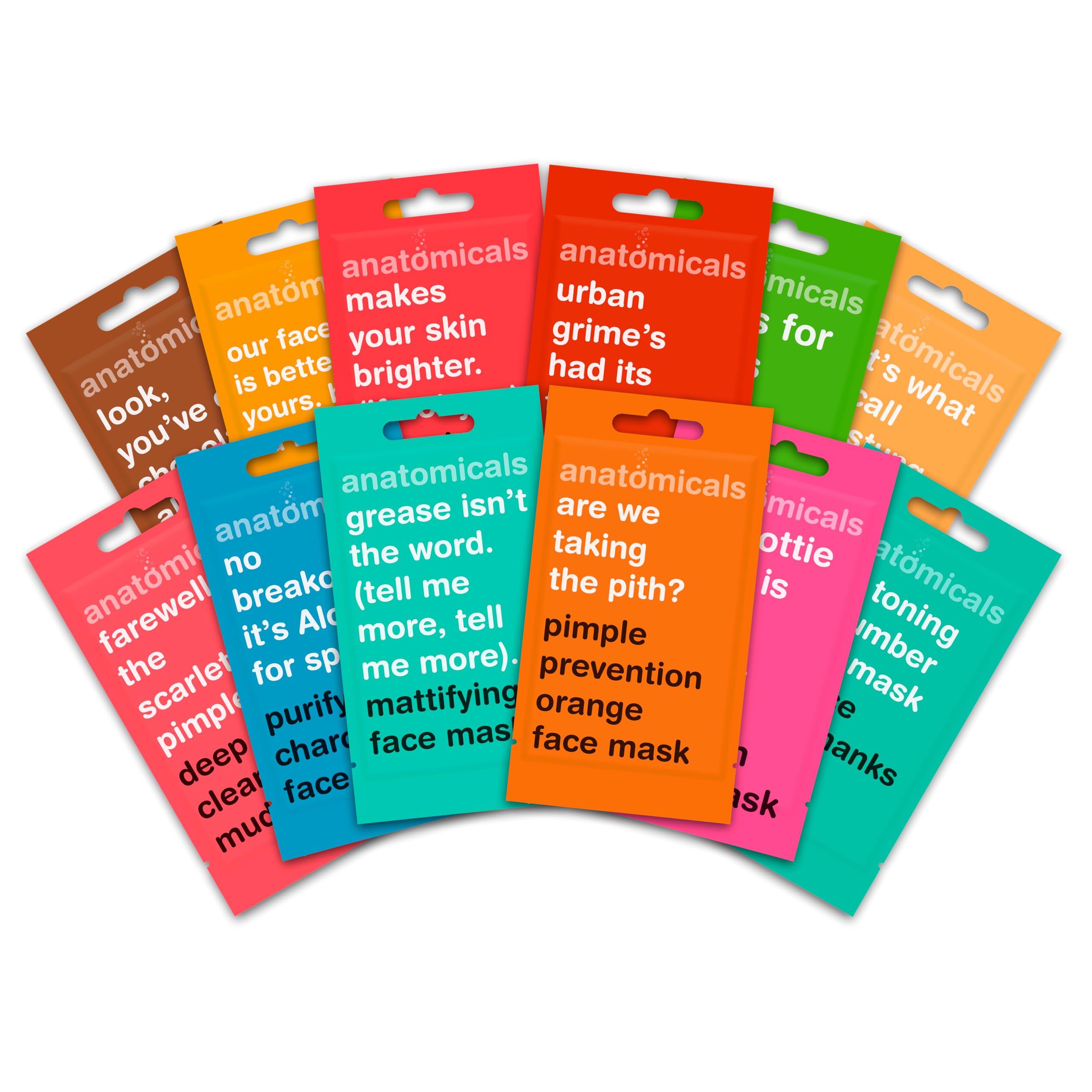 Anatomicals 12-Pack Face Mask Skincare Set, Hydrating, Brightening, Anti-Acne & Clay Masks for Women & Men, Deep Cleansing