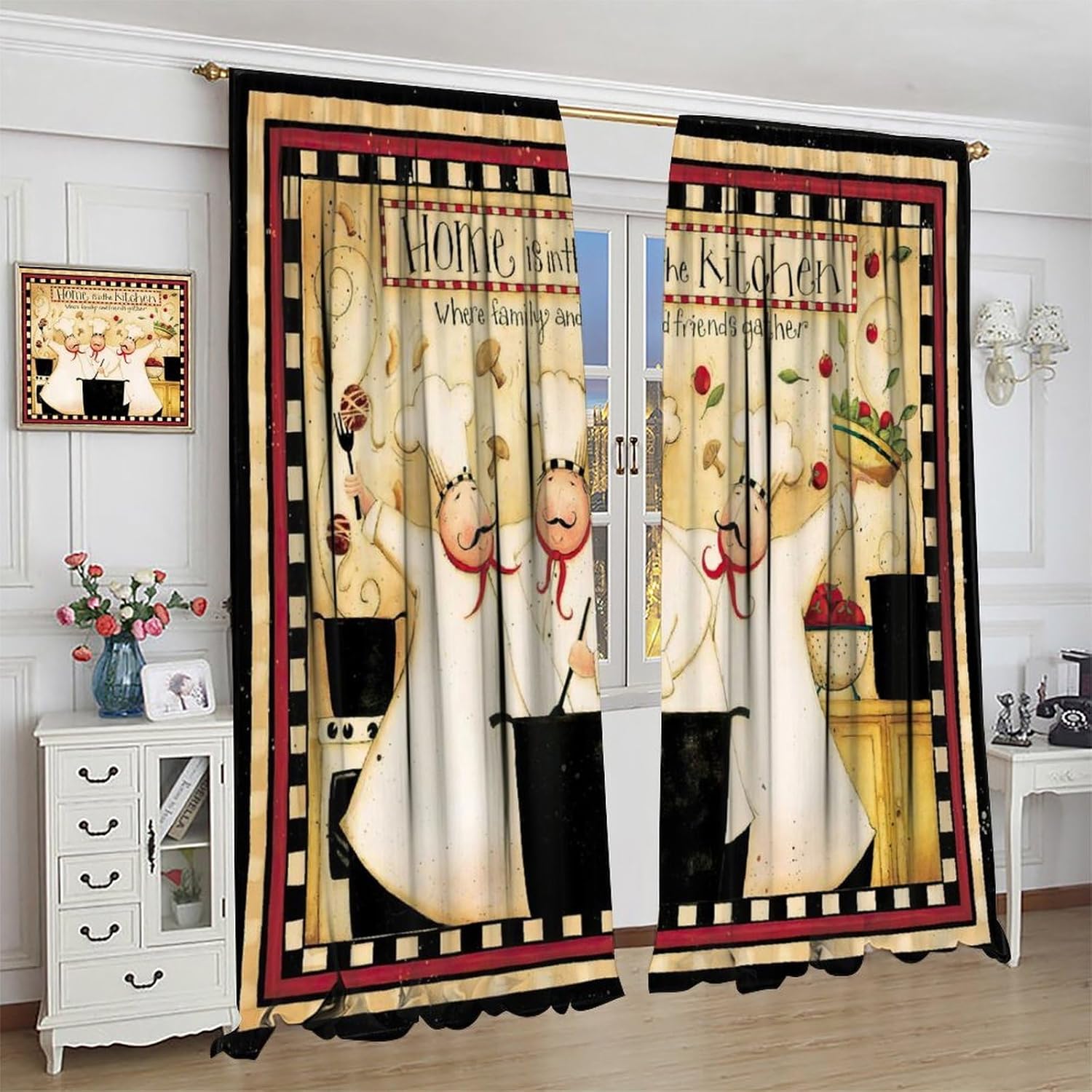 Retro Chef Kitchen Curtain Three Fat Chef Gourmet for Bedroom Living Room Blackout Decor Window Drapes 42" W X 63" L