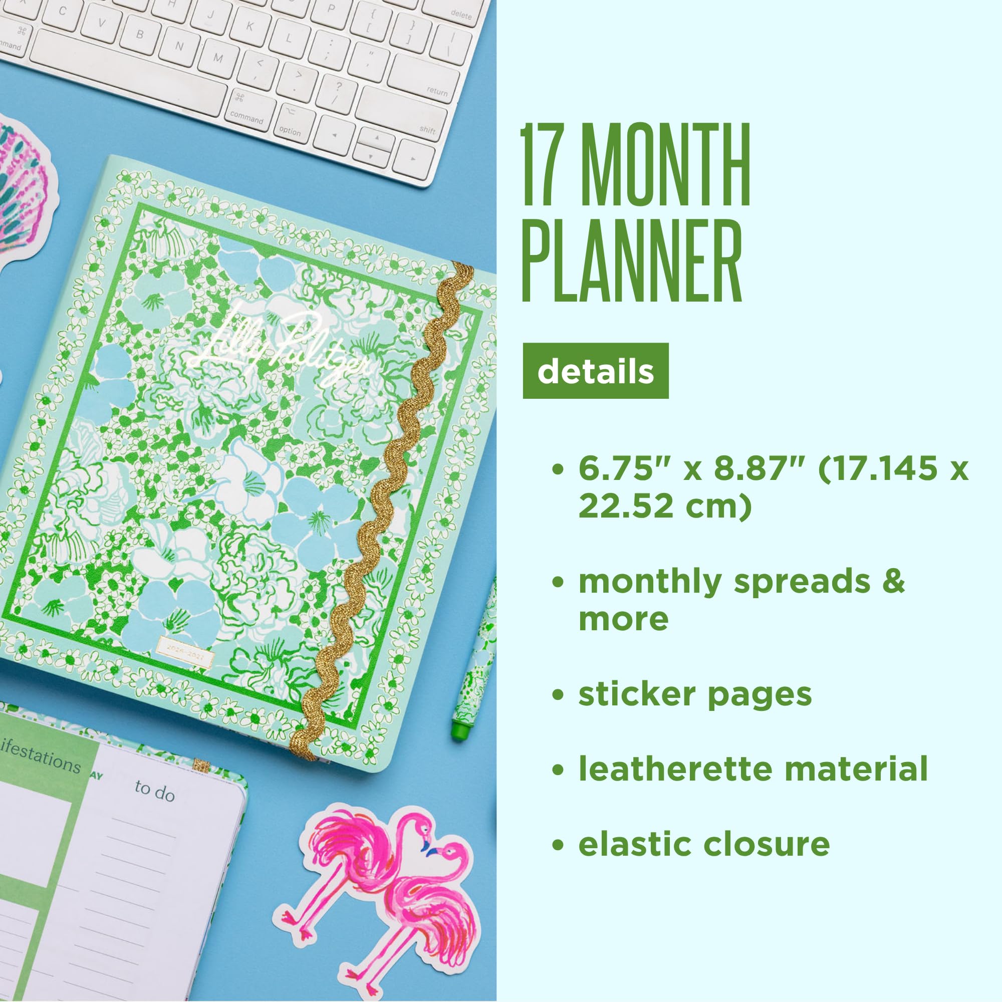 Lilly Pulitzer 17-monatiger Softcover-Planer, 17,1 x 22,5 cm, Agenda von August 2026 bis Dezember 2027, verdeckte Spiralbindung und Gummibandverschluss, monatliche Layouts, Aufkleber, Reise- und