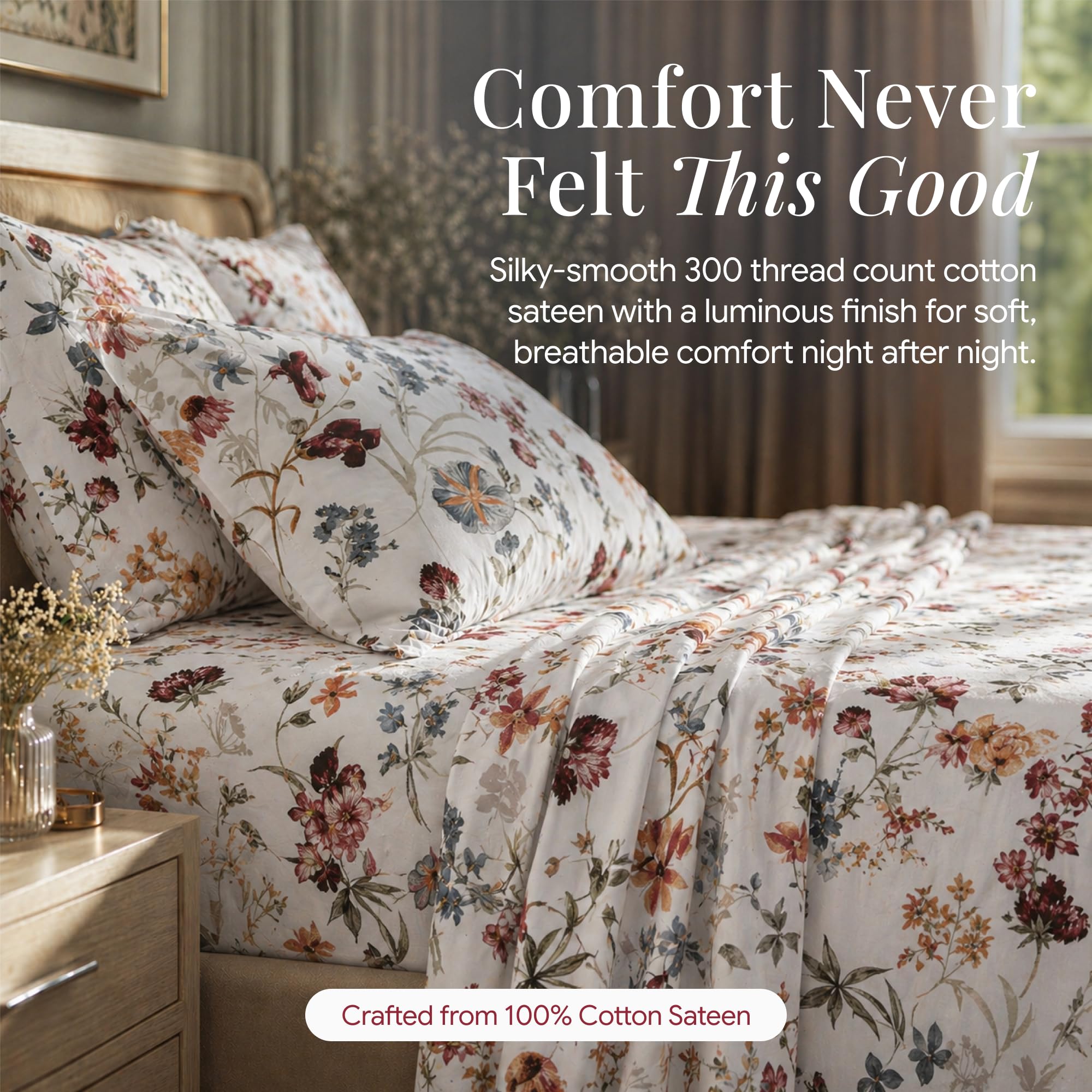 Tribeca Living Juego de sábanas tamaño King, satén de algodón suave de 300 hilos, estampado floral con bolsillos extraprofundos, juego de ropa de cama de 4 piezas, color rojo oscuro Amalfi, multicolor