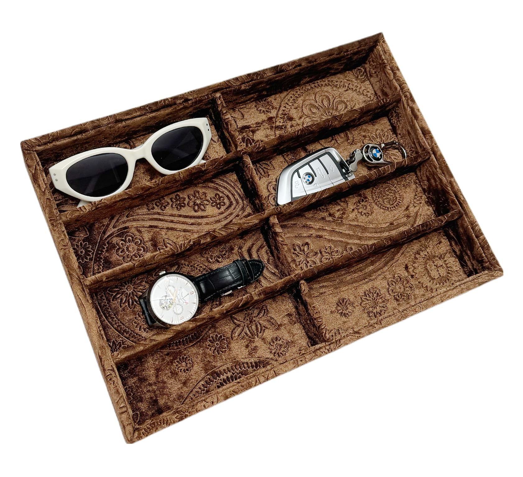AgentMoon Extravagant Sunglasses Storage Tray,Jewelry Display Organizer.Nightstand Clutter Tray.Special Velour Lining,Combination of Decoration and Durability Luxurious Tray. (Embossing Coffee)