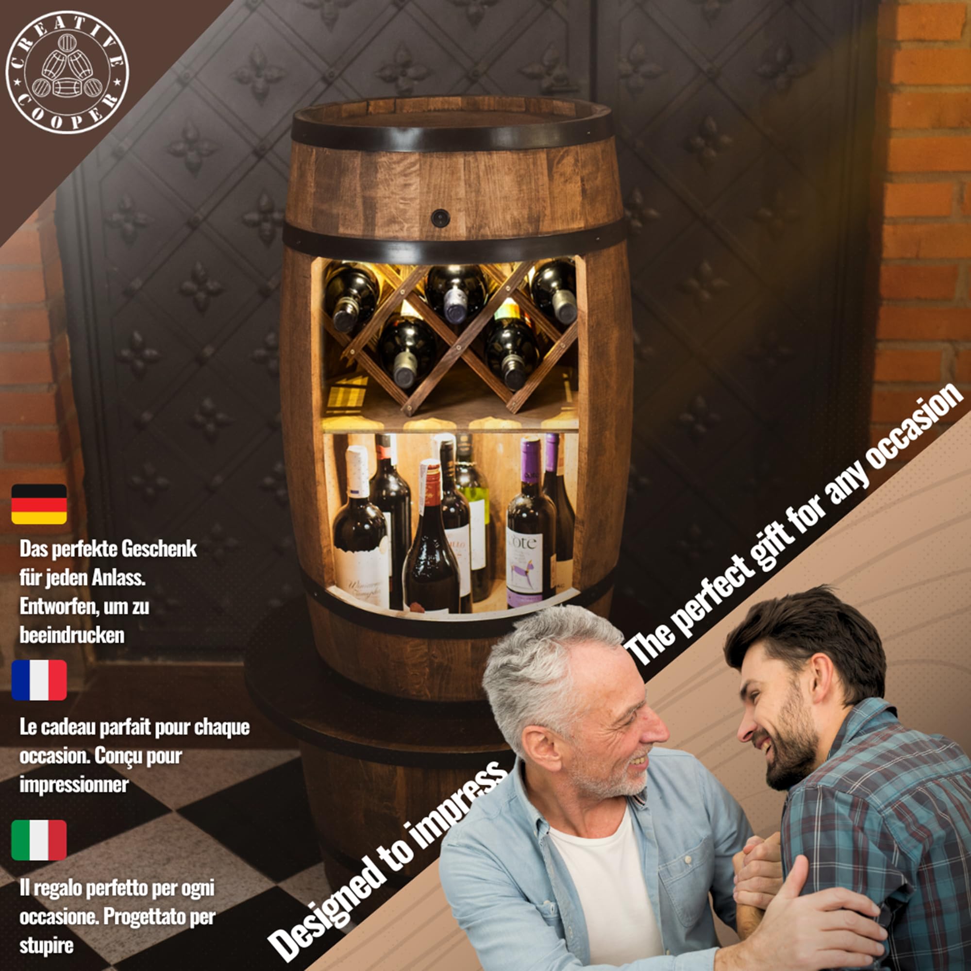 CREATIVE COOPER Baril avec Support à Vin - Casier LED - Tonneau en Bois - Bar de Maison - 80 x 50 cm - Décoration Rustique - Armoire (Marron Foncé)