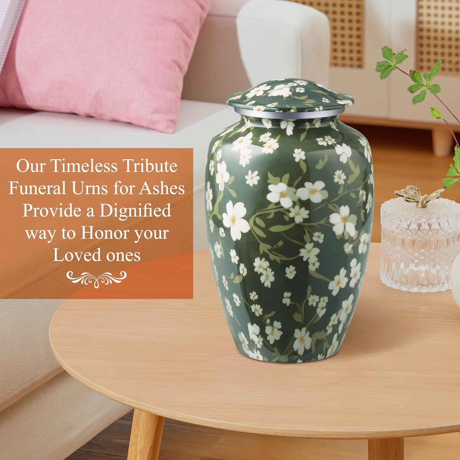 Cremation Urn for Ashes for Women with White Floral Design - 200 cu in Funeral Urns for Men and Women, Decorative Urns for Human Ashes Adult Female
