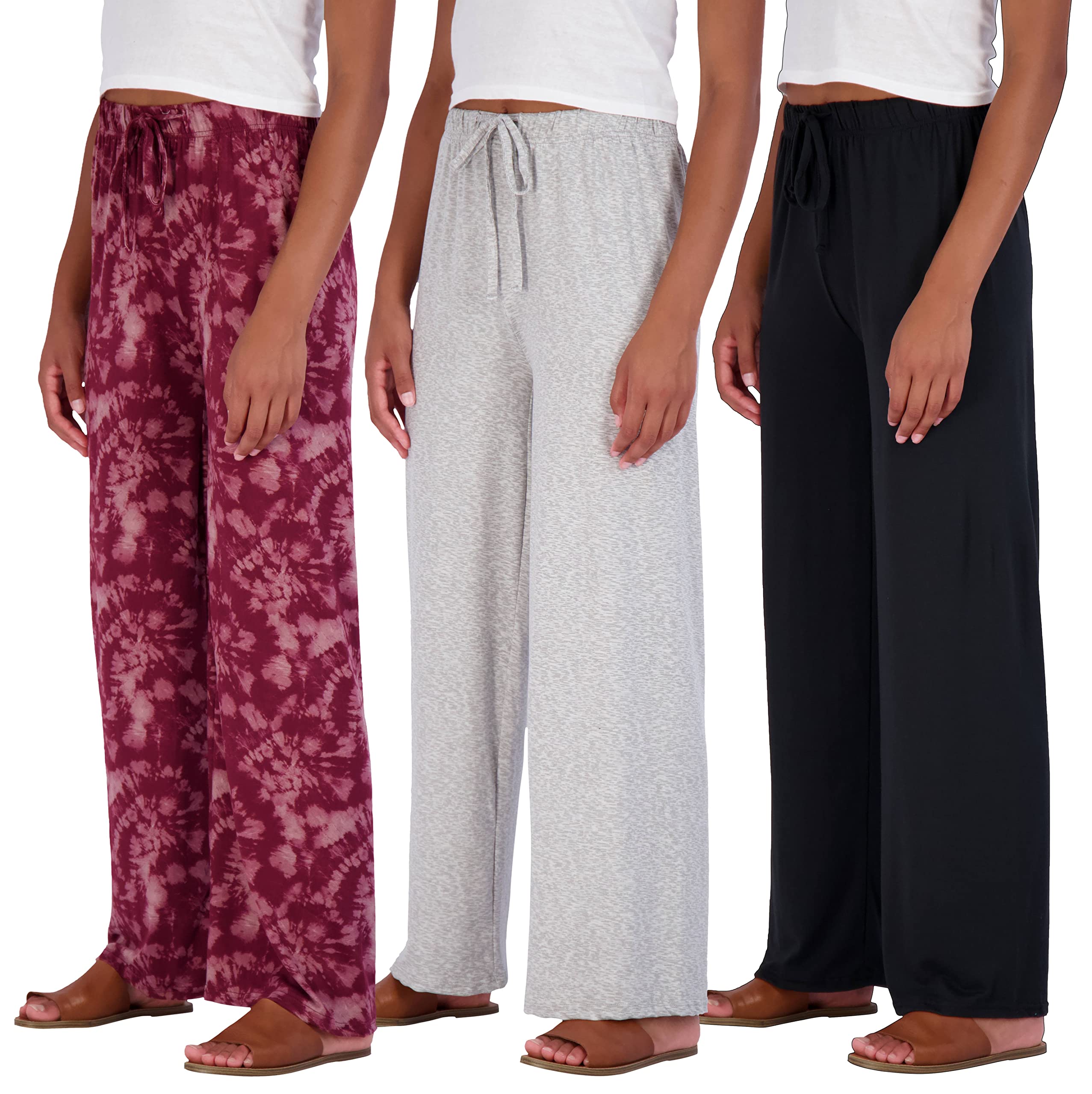 Real Essentials3 Pack Soft Palazzo Pajama Pants for Women, Wide Leg Comfortable Casual Lounge Yoga Bottoms (Plus Size)